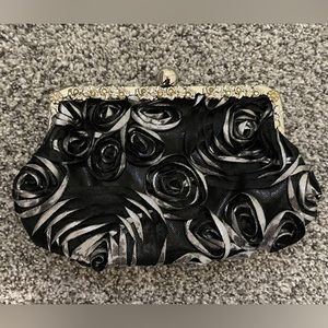 Black and Silver Flower Clutch with Crossbody Chain